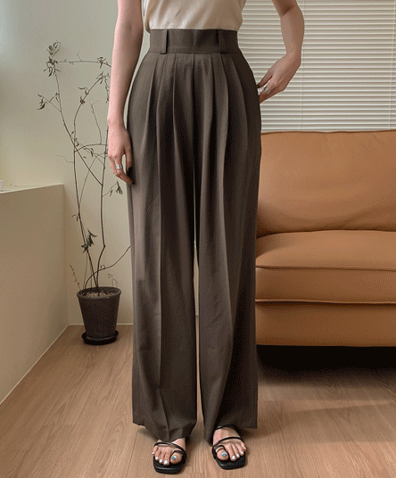 pleated linen high-waist back banding wide slacks -2 colors