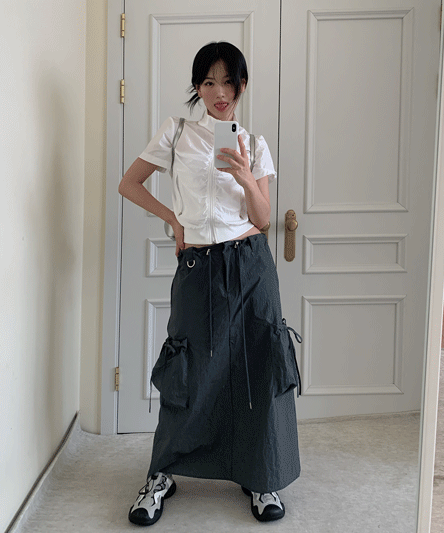[モデル所蔵] リボン カーゴ ポケット ロング スカート-2color