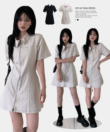 [Daily/Neat Outfit] Collar Linen Zip-Up Dress - 2 colors
