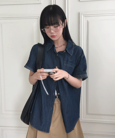 [Daily/Casual💙] Oversized fit denim short-sleeved roll-up shirt