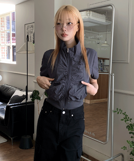 [Fit Guaranteed 🖤] Shirring Short-Sleeved Cropped Anorak Jumper jp-2 colors
