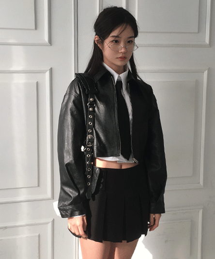 [Model owner 🖤] Single Collar Half Cropped Leather Jacket - 3 colors